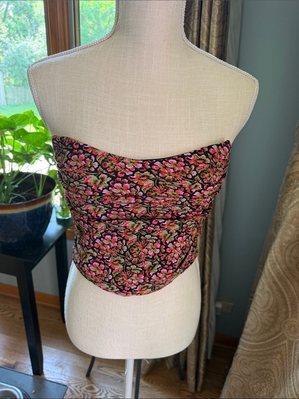 Zara Black Strapless Floral Bustier with Pink & Green Accents